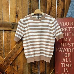 298 Women's Short-Sleeve Crewneck Stripe Tee in Tan & White